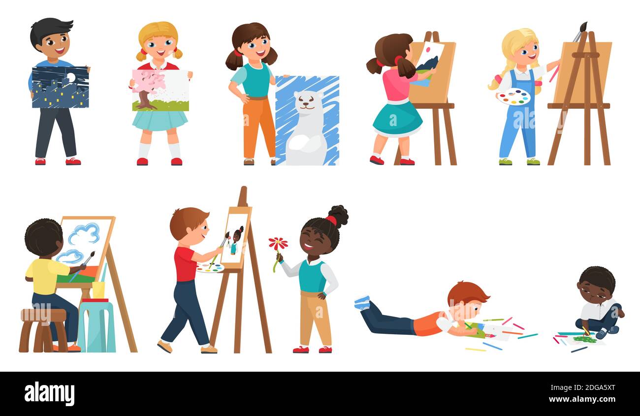 Niños pintando vector ilustración conjunto. Dibujos dibujos personajes artistas jóvenes dibujo trabajo de arte con herramientas de pintura, preescolar o escolares de pie frente a la caballete, hobby infantil aislado en blanco Ilustración del Vector
