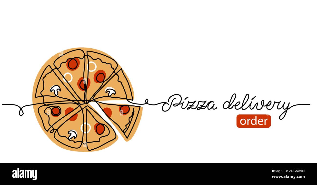 Doodle de pizza, banner vector de boceto, fondo, cartel. Un banner de dibujo de línea continua con entrega de pizza de texto, orden Ilustración del Vector
