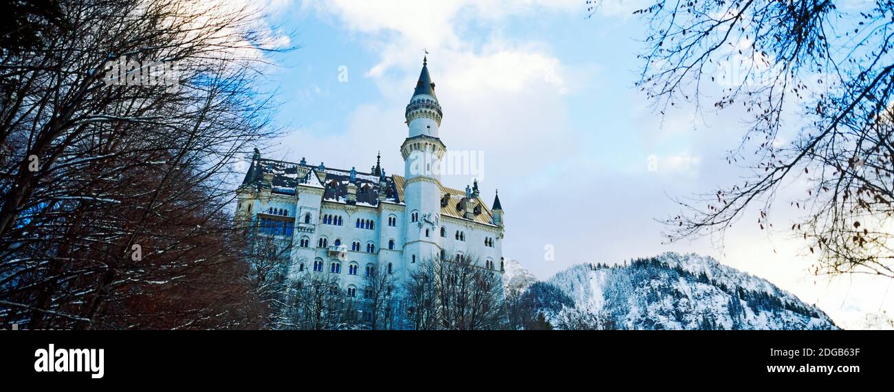 Vista de ángulo bajo del Castillo de Neuschwanstein en invierno, Baviera, Alemania Foto de stock