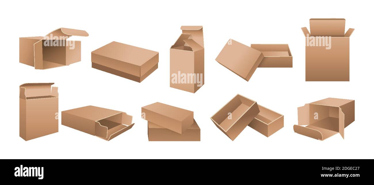 Caja 3D mascup juego de cartón realista. Abierto, paquete de papel cerrado,  diseño o Marca. Plantilla en blanco realista producto embalaje cajas de  regalo colección. Vector para medicina, alimentos, cosméticos Imagen Vector