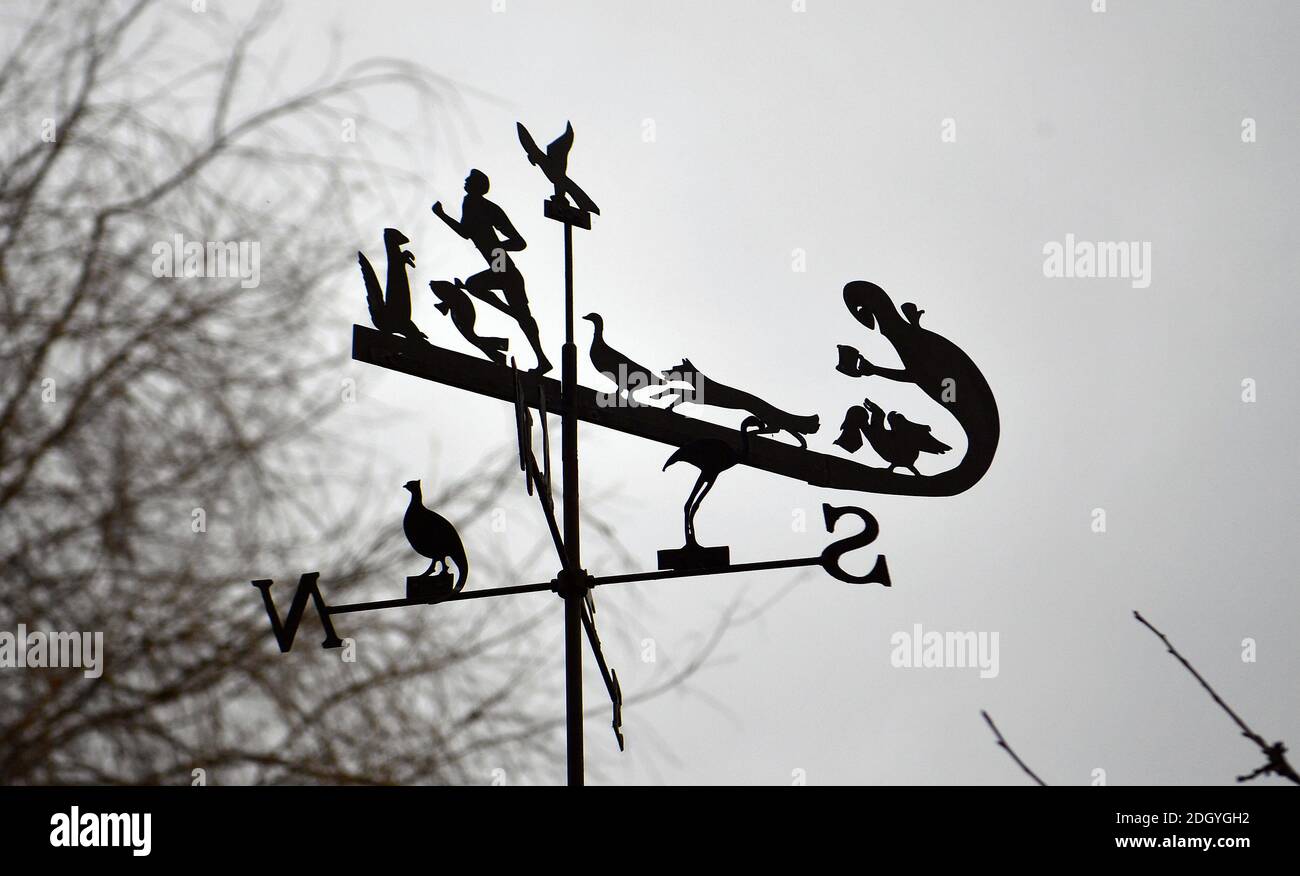 GV's del pueblo de Kintbury, cerca de Hungerford, Berkshire - Curious weathervane, miércoles 2 de diciembre de 2020. Foto de stock