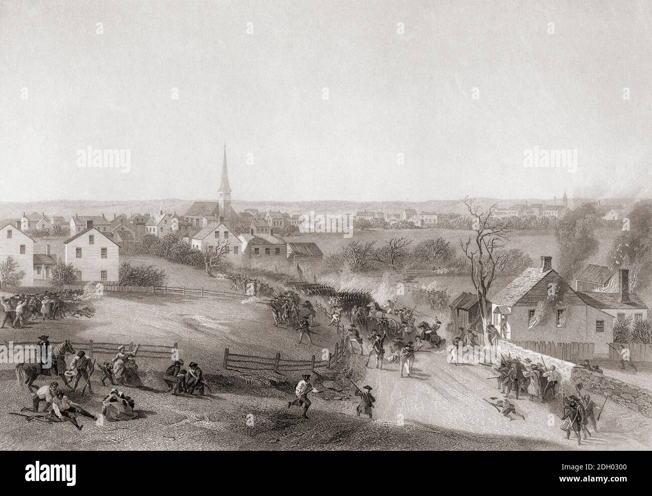 El retiro del ejército británico de Concord al final de las batallas de Lexington y Concord, 19 de abril de 1775. Las batallas desencadenaron el comienzo de la Guerra Revolucionaria Americana. De un grabado del siglo XIX de James Smilie después de una obra de Alonzo Chappel. Foto de stock