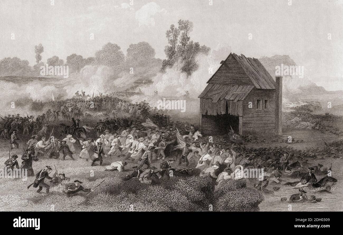 Retiro de los americanos a través de Gowanus Creek en la batalla de Long Island, 27 de agosto de 1776 durante la Guerra Revolucionaria Americana. De un grabado del siglo XIX de James Smilie después de una obra de Alonzo Chappel. Foto de stock
