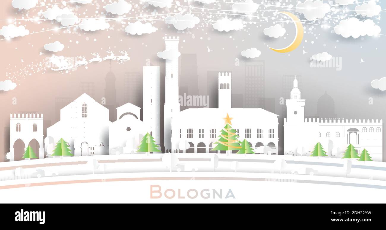 Bolonia Italia City Skyline en estilo de corte de papel con copos de