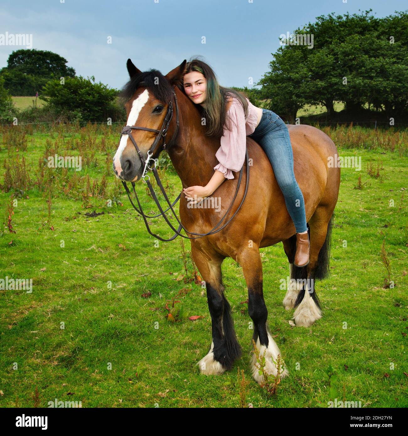Un hermoso modelo femenino joven con un caballo Foto de stock