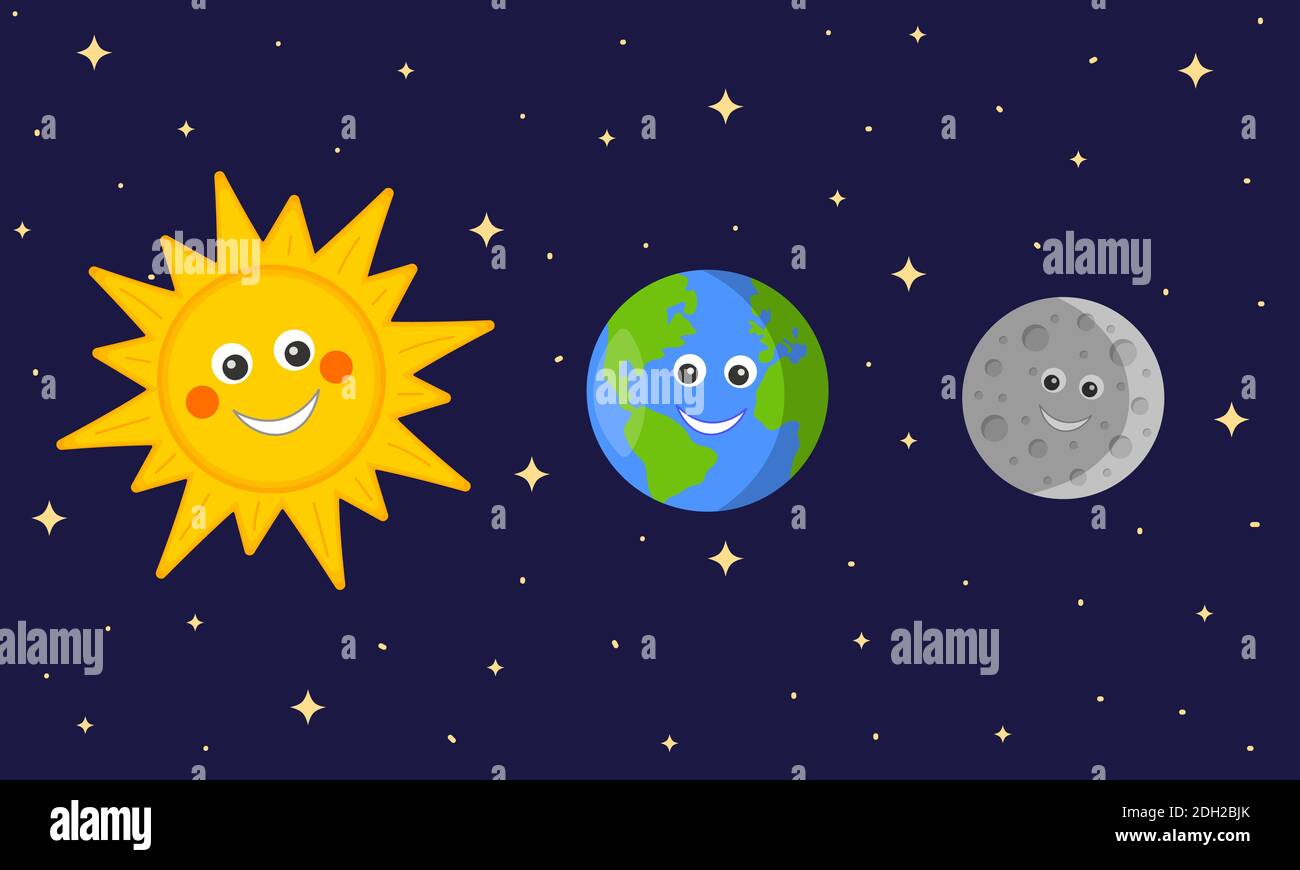 Lindos personajes del Sol, la Tierra y la Luna sobre el espacio oscuro de  fondo estrellado. Astronomía divertida para niños. Ilustración de dibujos  animados vectoriales para lecciones de ciencias educativas en jardines