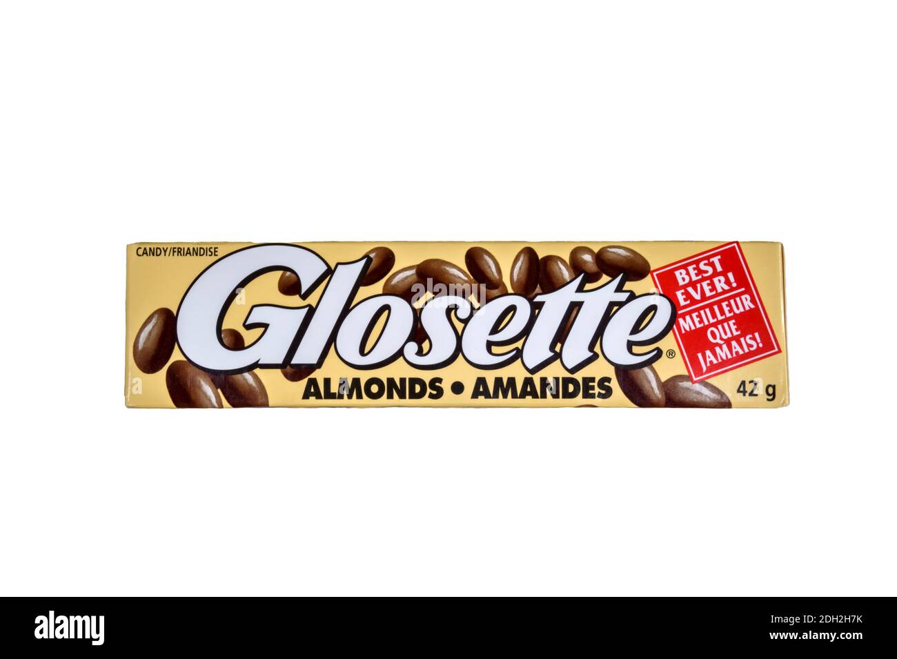 Un paquete de almendras cubiertas de chocolate Glosette se vende exclusivamente en Canadá. Foto de stock