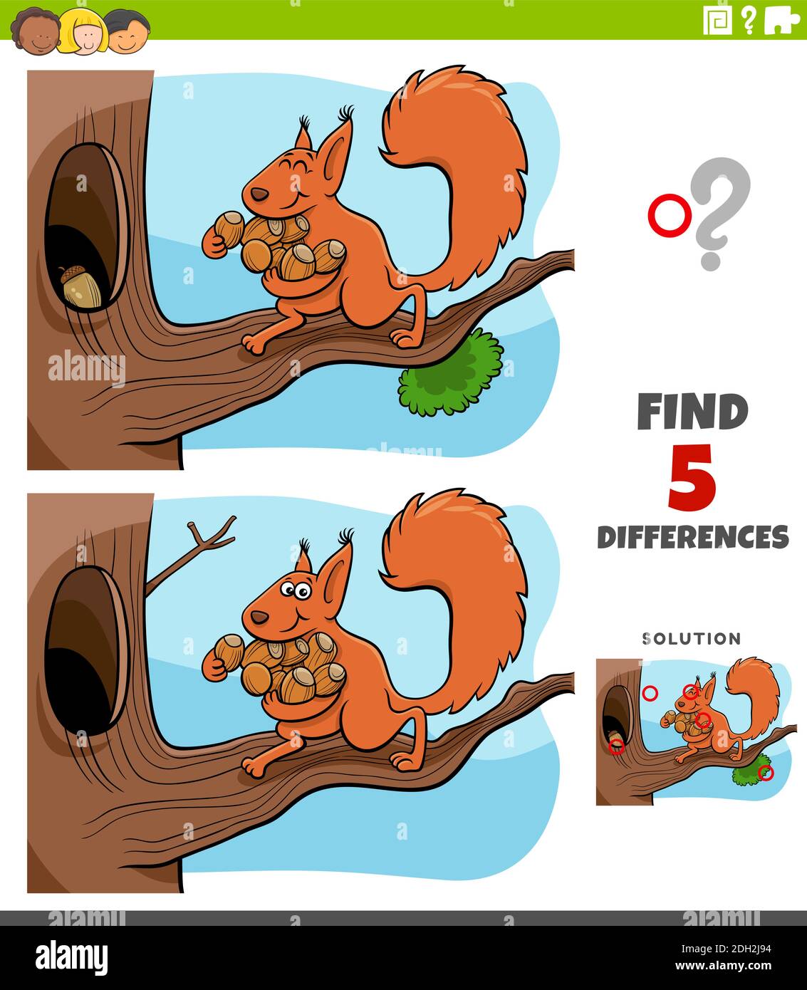 Ilustración de dibujos animados de encontrar las diferencias entre imágenes de juego educativo para niños con ardilla llevando bellotas a su hueco de árbol Ilustración del Vector