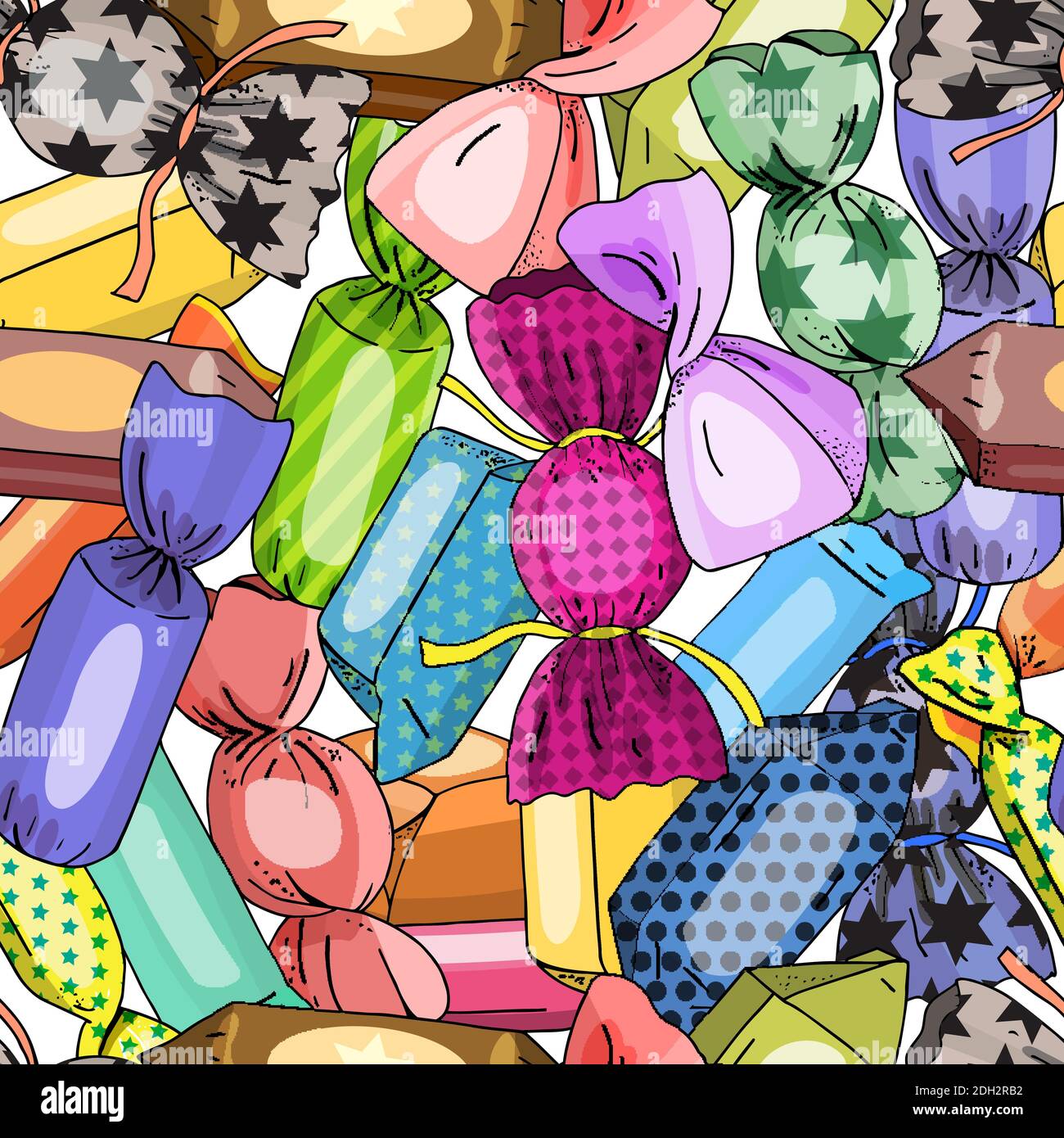 Dulces fondo sin costuras. Colorido patrón de vector de caramelo. Diseño para textiles, papel pintado, tela, cajas de regalo, tarjetas de felicitación e invitaciones Ilustración del Vector