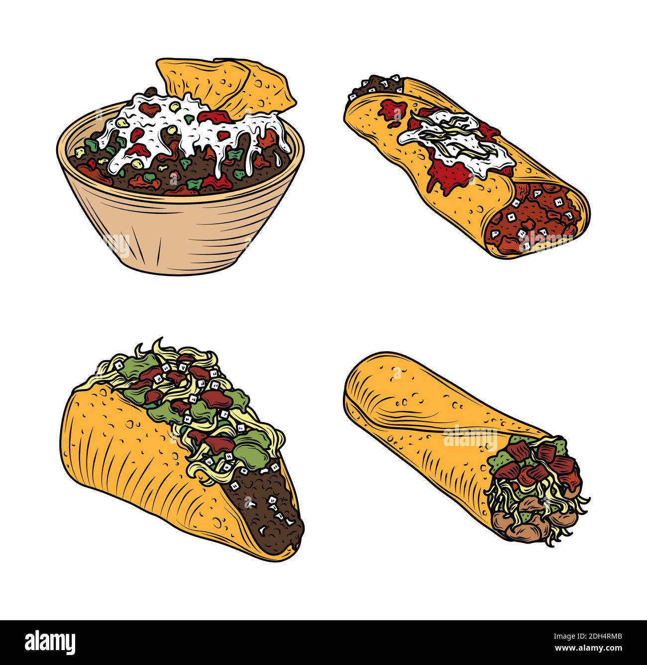 comida mexicana burrito taco enchilada iconos tradicionales vintage