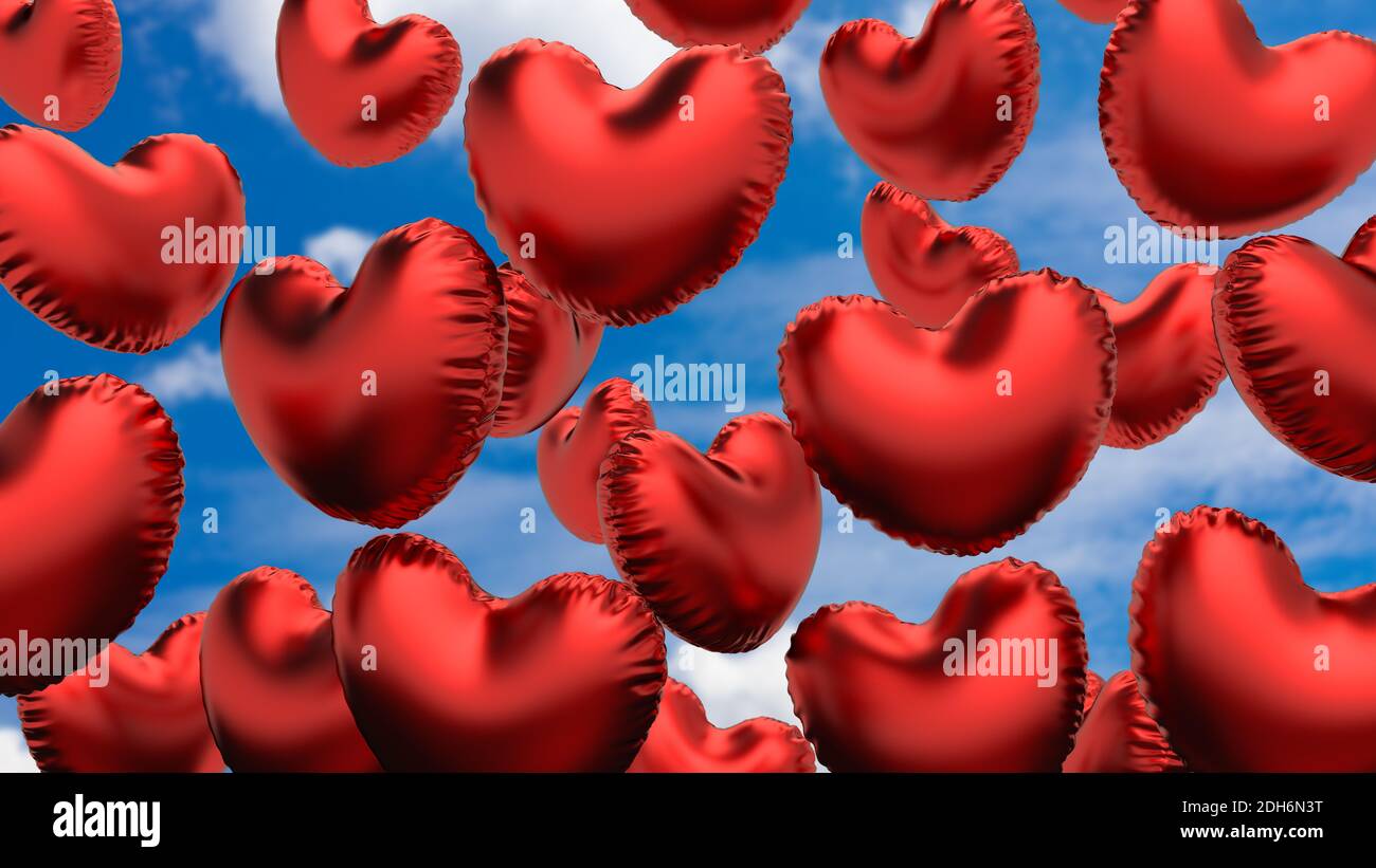 Volando corazones rojos globos en el cielo azul. ilustración 3d Fotografía  de stock - Alamy