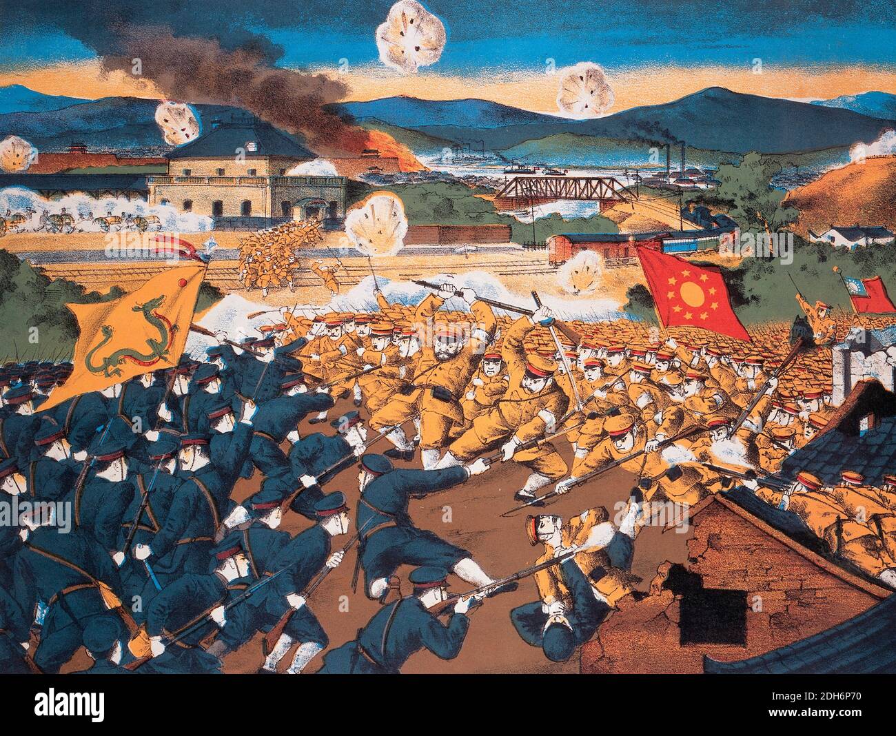Un episodio de la guerra revolucionaria en China, 1911: Una batalla campal entre el ejército imperial (izquierda) y el ejército revolucionario (derecha). Foto de stock