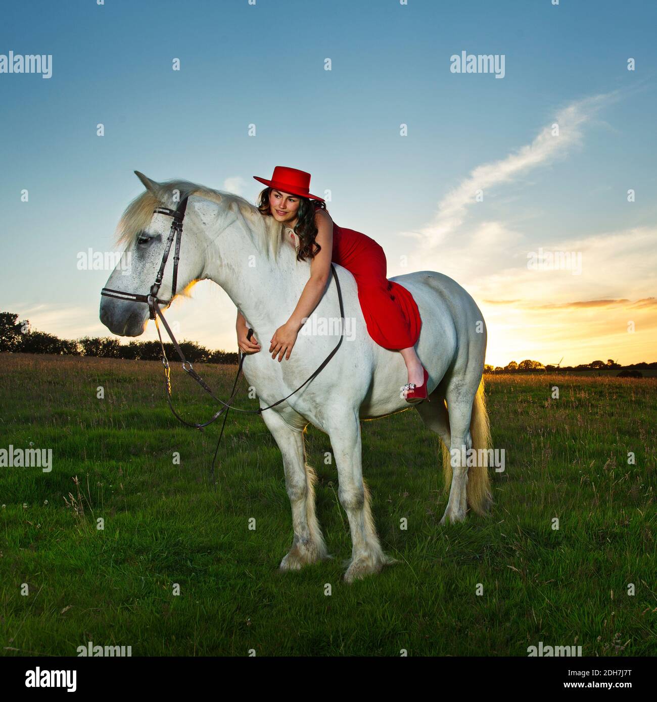 Una hermosa adolescente con un vestido rojo con un caballo blanco Foto de stock
