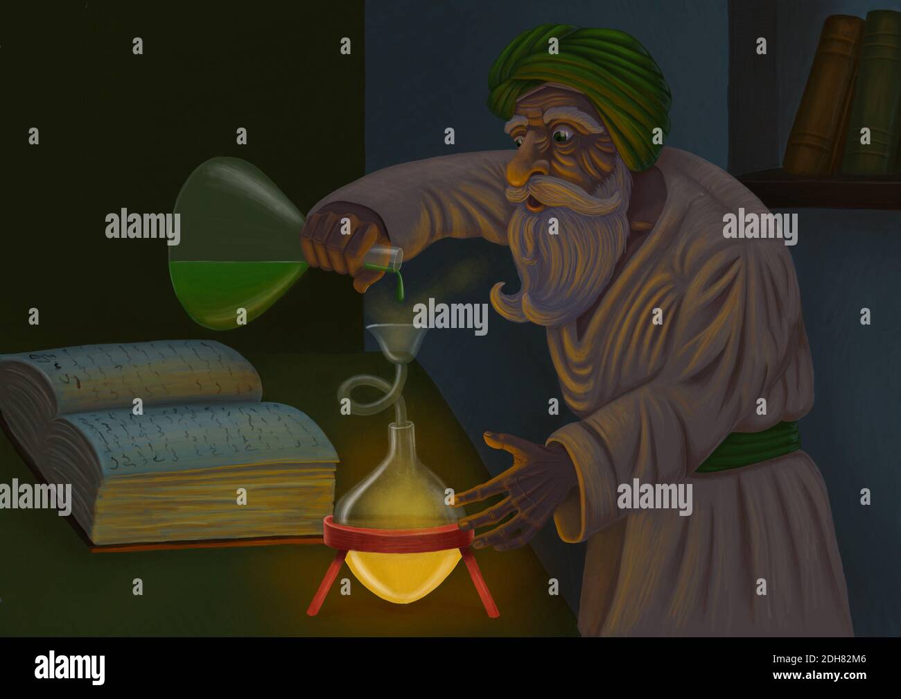 Pintura digital (ilustración) de una antigua alquimis árabe en su  laboratorio, mezclando fluidos. Tiene una larga y divertida barba blanca y  un turbante y parece muy emocionado Fotografía de stock - Alamy