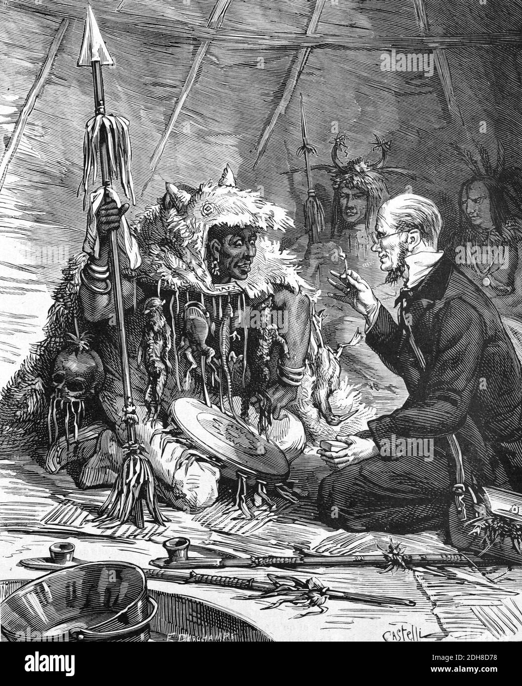 European Settler demostrando partidos con nativos americanos, gente de la primera nación o indios americanos dentro de Tipi, Tepee o Teepee en EE.UU., Estados Unidos o Estados Unidos de América (Engr 1880 Castelli) Ilustración o grabado de la vendimia Foto de stock