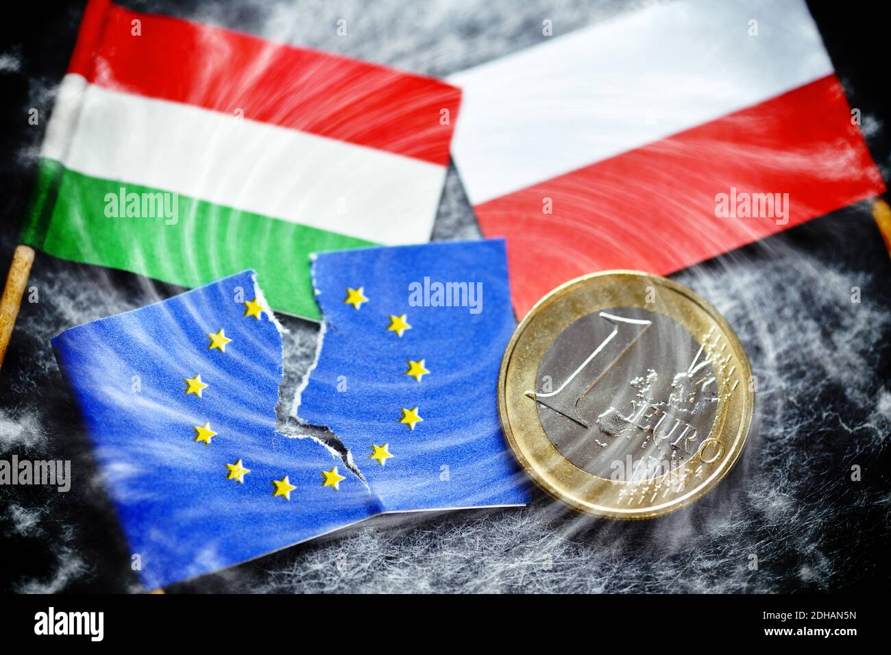 Angerissene EU-Fahne und Fahnen von Ungarn und Polen mit Euromünze, EU-Haushaltsstreit Foto de stock