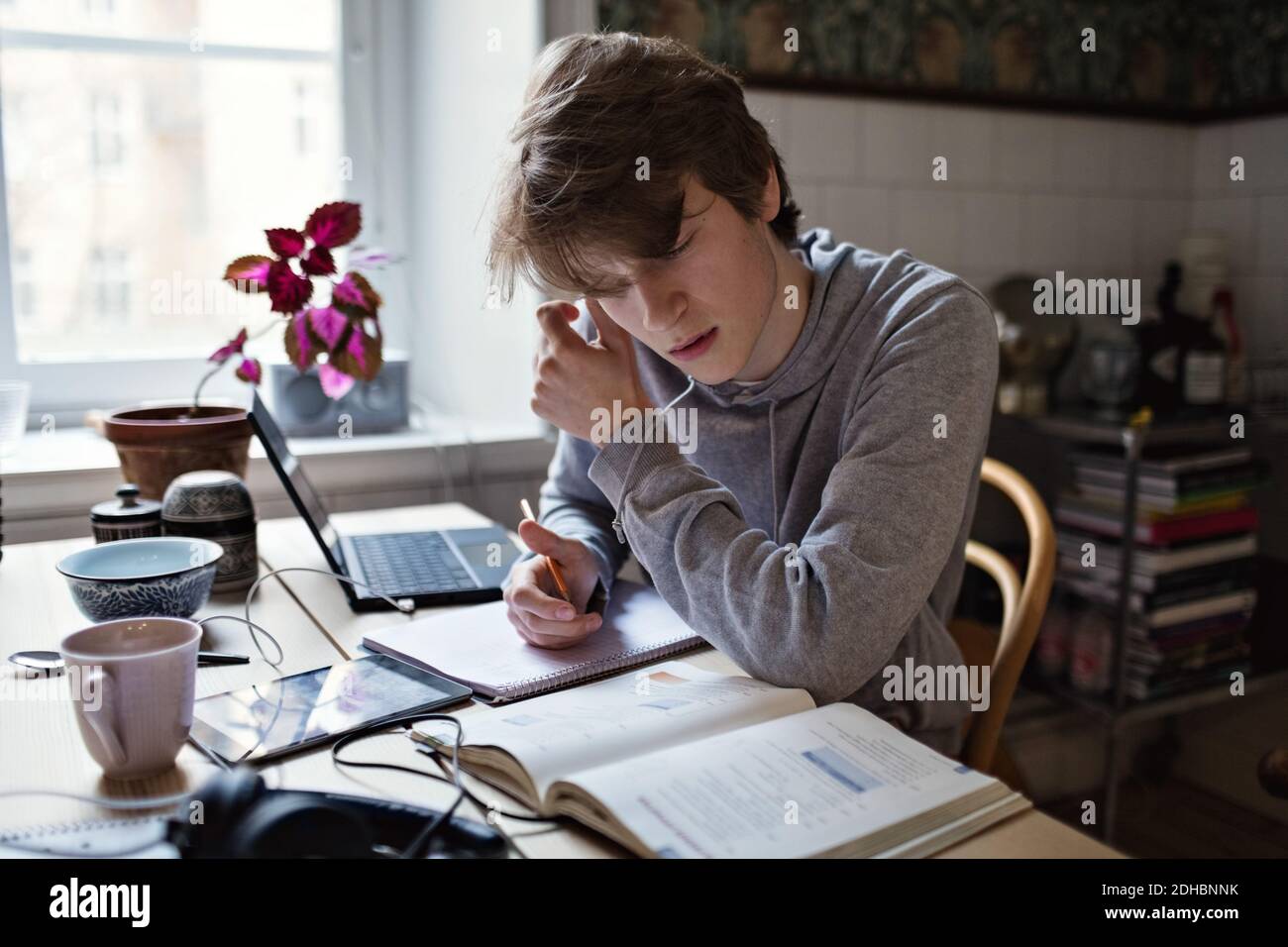 Un adolescente serio leyendo un libro mientras hace la tarea en casa Foto de stock
