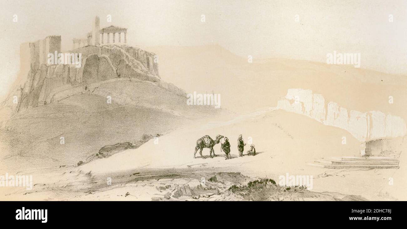 L'Acropolis vue du Pnyx et la tribune aux harangues - Estourmel Joseph D‥99 Comte - 1848. Foto de stock