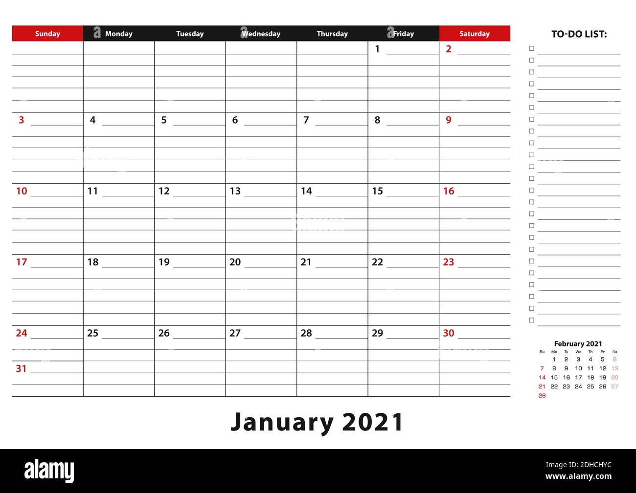 Enero 2021 Escritorio mensual Pad Calendario la semana comienza a partir  del domingo, tamaño A3. Enero 2021 planificador del calendario con lista de  tareas pendientes y lugar para las notas Imagen Vector