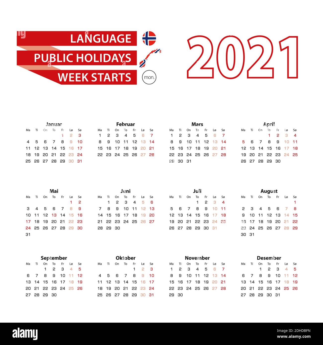 Calendario 2021 en lengua Noruega con días festivos el país de Noruega en el año 2021. La semana comienza el lunes. Ilustración vectorial. Ilustración del Vector