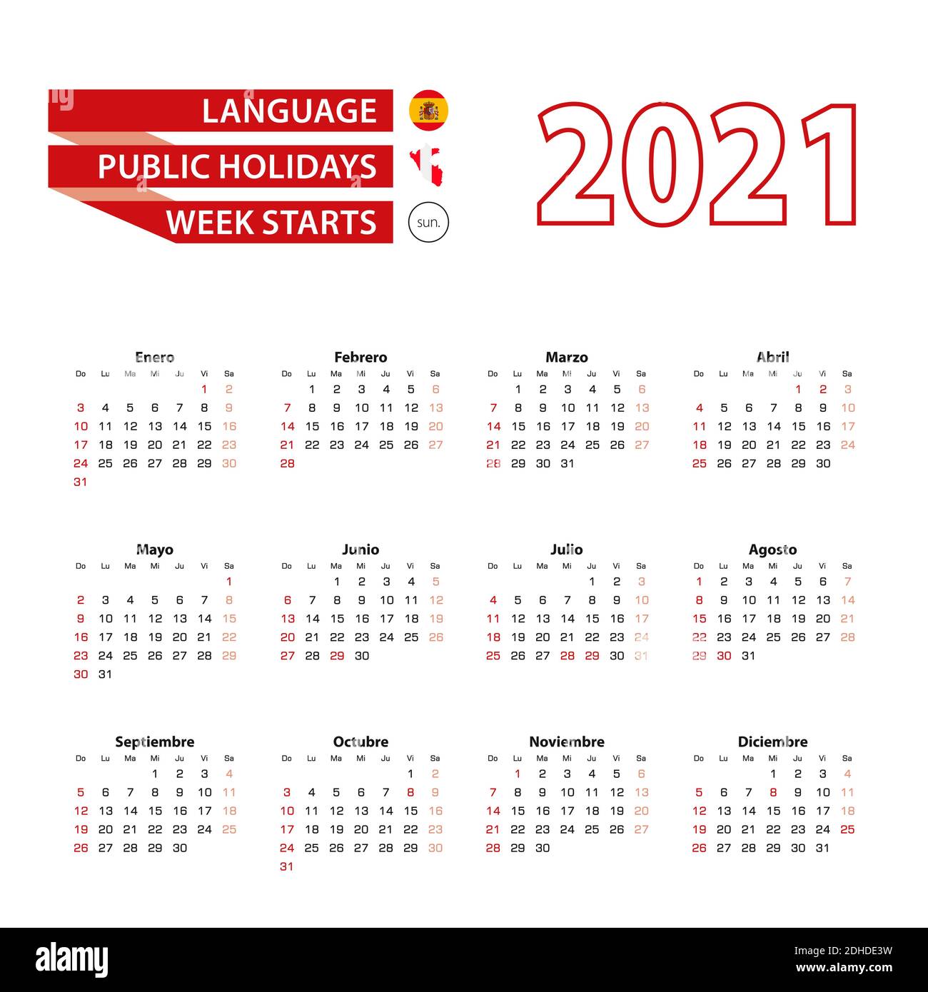 Calendario 2021 en lengua española con fiestas públicas el país del Perú en  el año 2021. La semana comienza el domingo. Ilustración vectorial Imagen  Vector de stock - Alamy