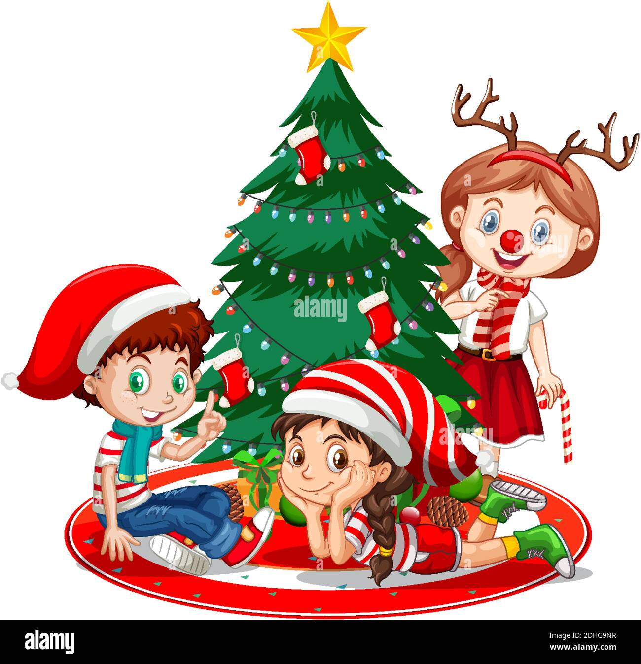 Los niños llevan traje de Navidad personaje de dibujos animados con el  árbol de Navidad ilustración de fondo blanco Imagen Vector de stock - Alamy
