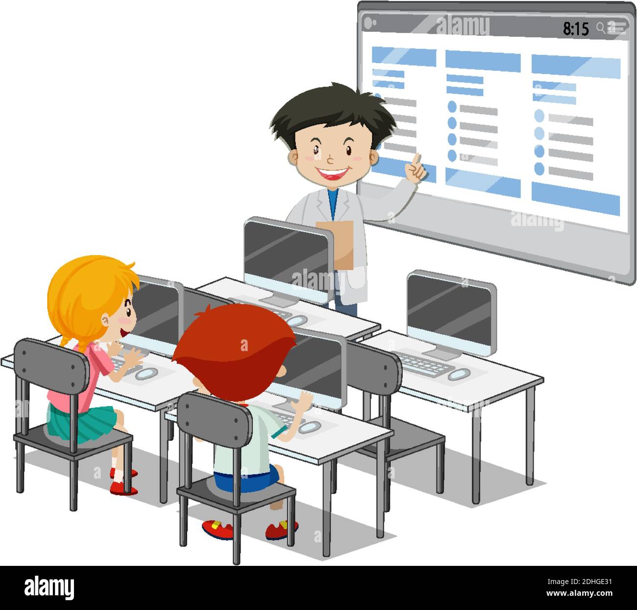 Estudiantes con elementos de computadora en el salón de clases sobre ilustración de fondo blanco Ilustración del Vector