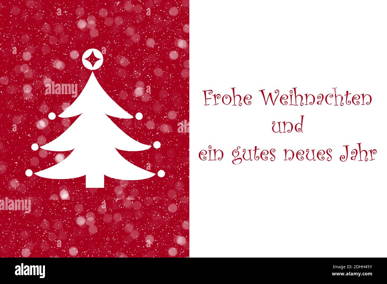 Fondo de postal roja con árbol de Navidad y deseo en alemán Foto de stock