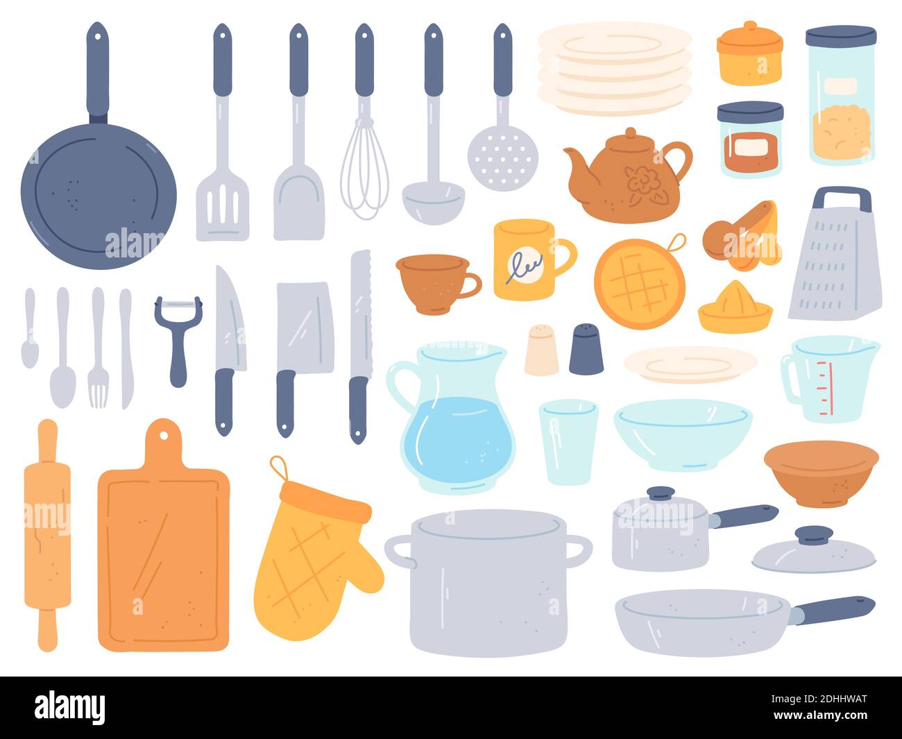 Menaje y menaje de cocina. cocinar utensilios de cocina para hornear.  cacerola del equipo del cocinero del cocinero, cuenco, tetera y olla,  cuchillos y cubiertos, conjunto de vector plano. objetos para la