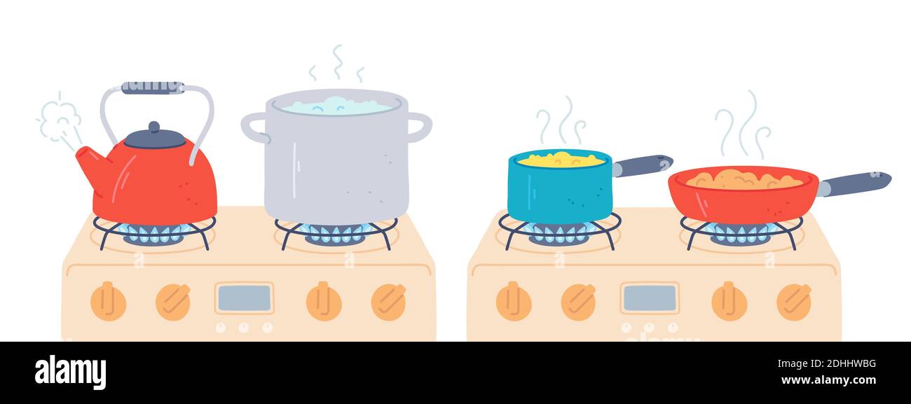 Olla y cacerola en la estufa. Preparación de alimentos y agua hirviendo en una cacerola y un Hervidor de agua con vapor en cocinas de gas. Cocina sobre juego de vectores de fuego Ilustración del Vector