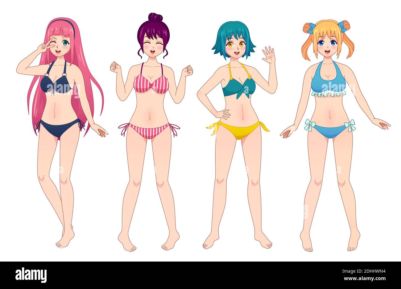 ANIME manga chicas en bikini. Grupo de mujeres kawaii japones cómics en  trajes de baño. La mujer de la playa viña, agitando y sonríe vector  conjunto Imagen Vector de stock - Alamy