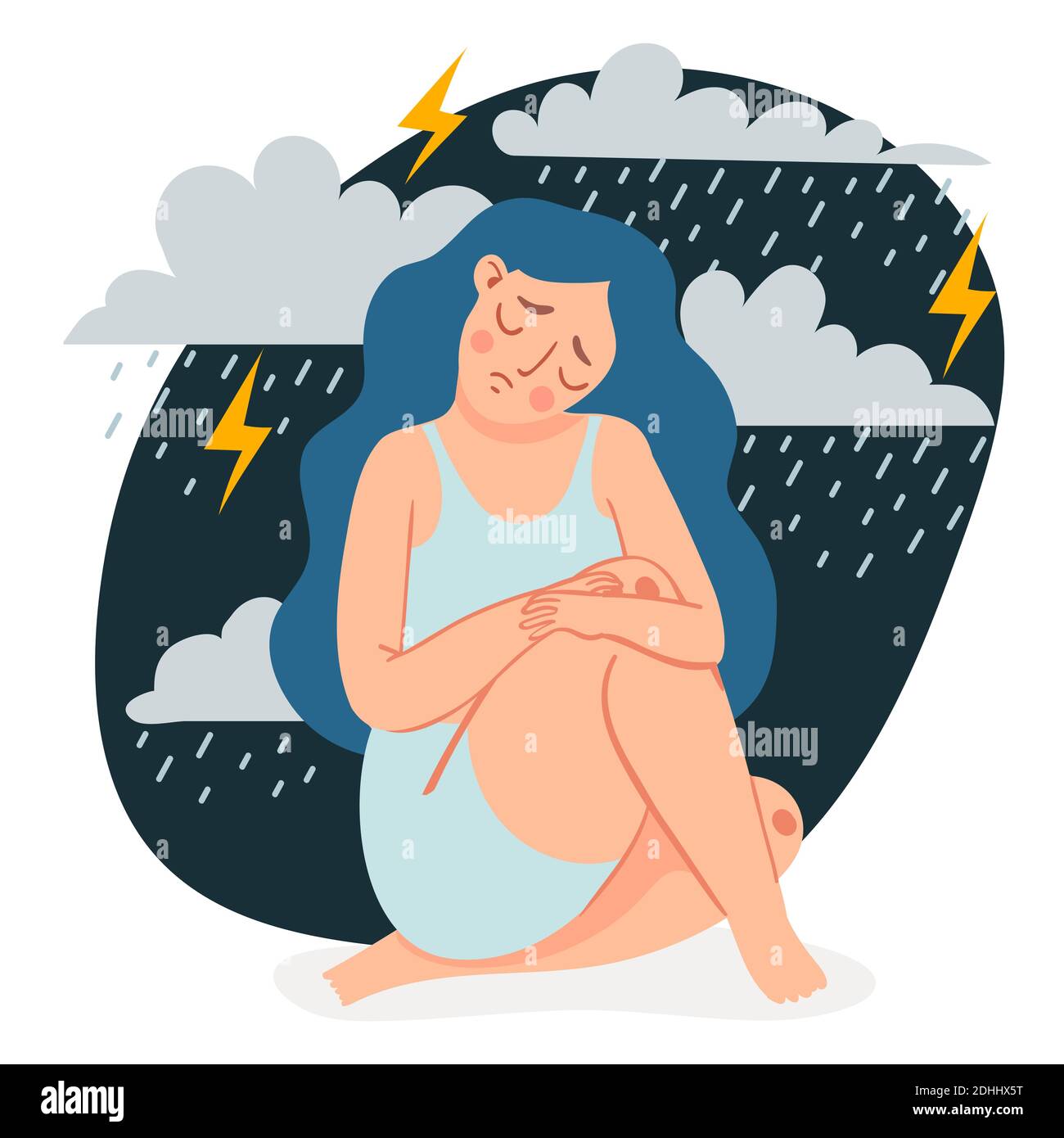 Mujer deprimida. Triste chica solitaria sentada y abrazando sus rodillas bajo las nubes de lluvia y la tormenta. Mujer en el concepto de vector de depresión o ansiedad Ilustración del Vector