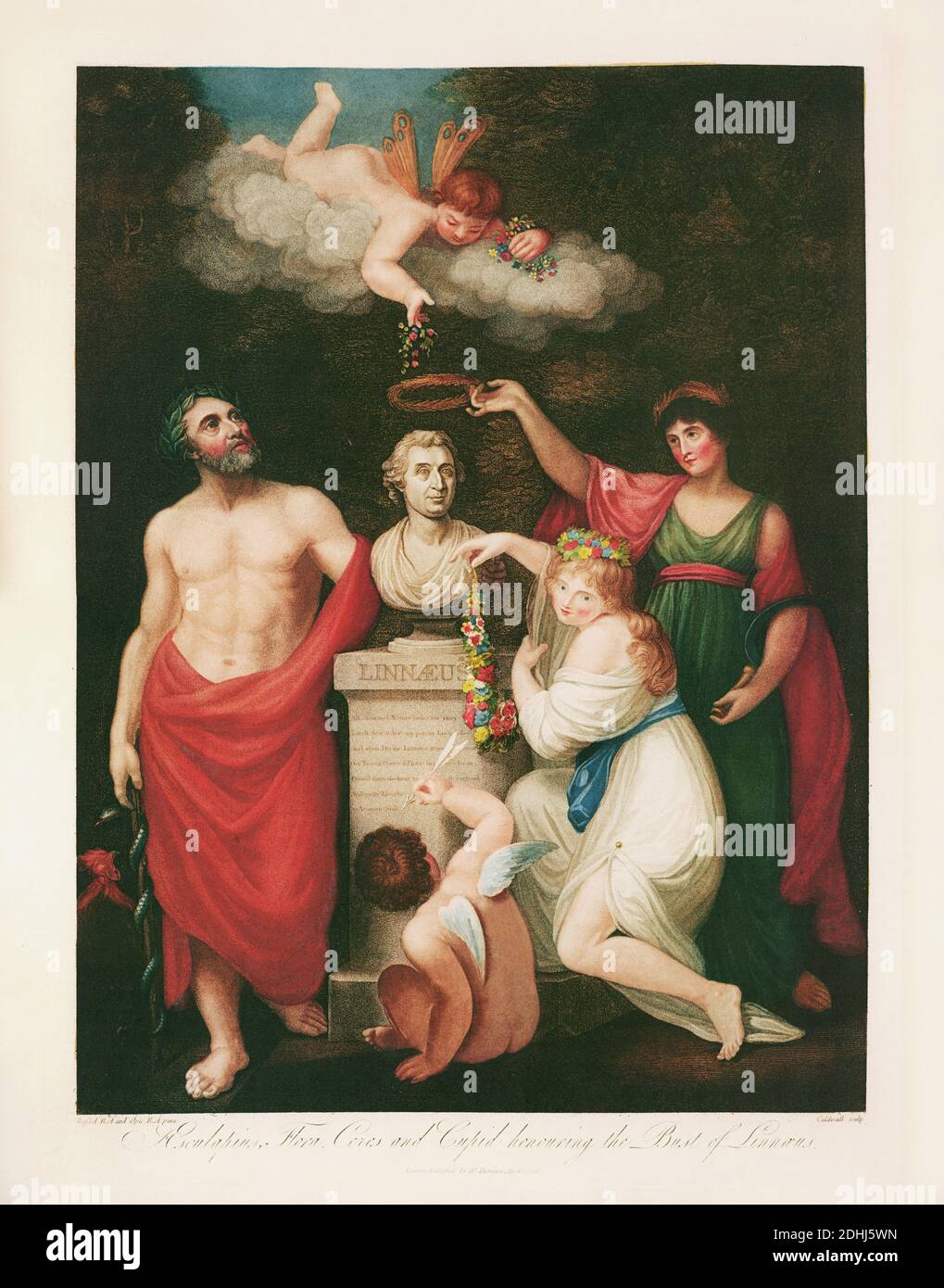 Aesculapio, Flora, Ceres y Cupido honrando el busto de Linneo. Grabado a mano. Londres 1806 Foto de stock