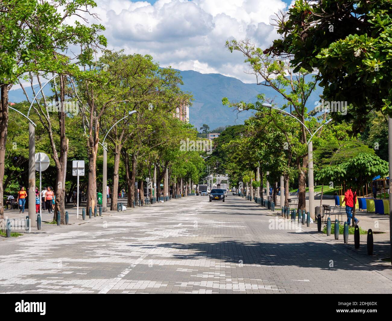 MEDELLÍN, COLOMBIA - 03 de diciembre de 2020: Medellín, Antioquia, Colombia  - 2 de diciembre de 2020: Calle con poco tráfico, con árboles en los bordes  y gente Wal Fotografía de stock - Alamy