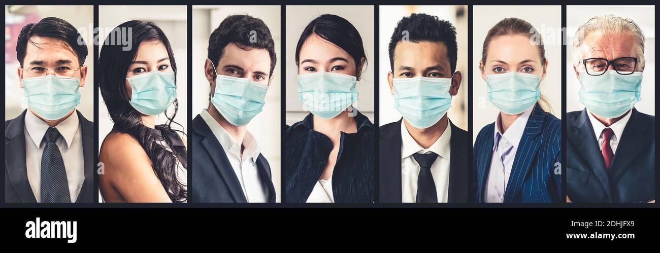 Diversas personas con máscara facial protegida contra el Coronavirus o COVID-19 foto conjunto en concepto de banner de la persona que lucha contra la enfermedad del coronavirus 2019 COVID-19 Foto de stock