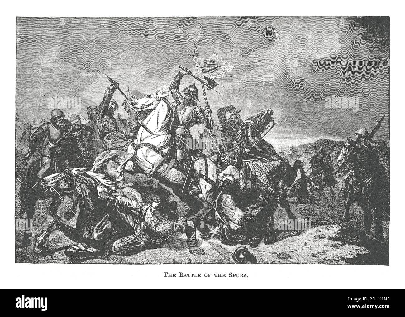 Ilustración del siglo XIX de la Batalla de Guinegate o Batalla de los Spurs que tuvo lugar el 16 de agosto de 1513. Como parte de la Liga Santa, durante la Foto de stock