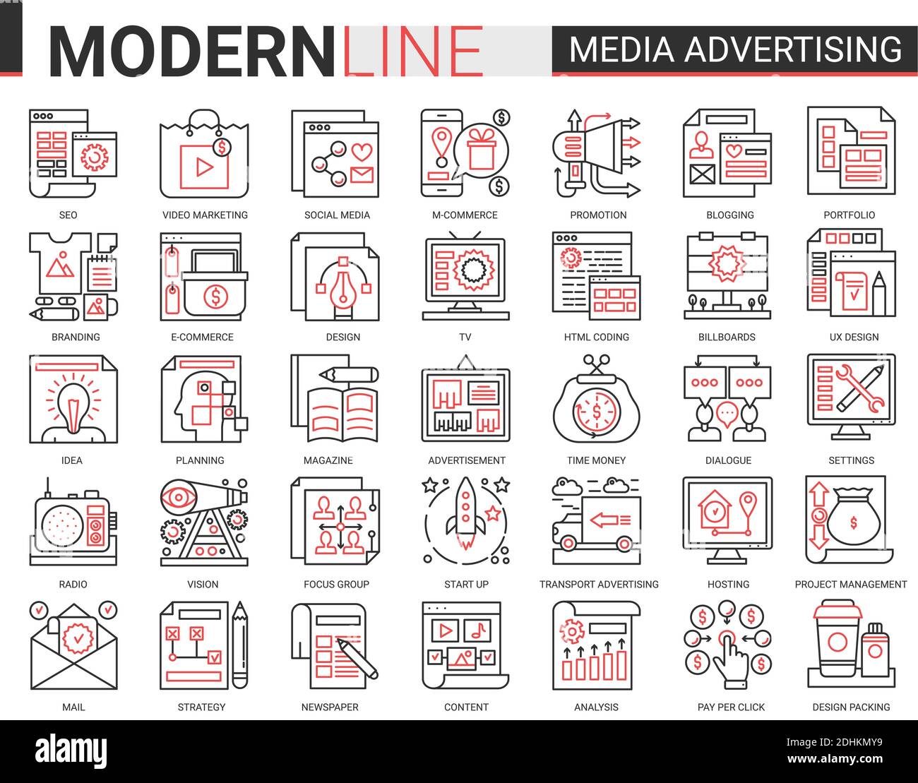 Medios de publicidad línea compleja vector ilustración conjunto. Rojo negro delgado esbozo pictograma infográfico símbolos para aplicaciones móviles con estrategia de marketing de investigación, promoción en las redes sociales. Ilustración del Vector