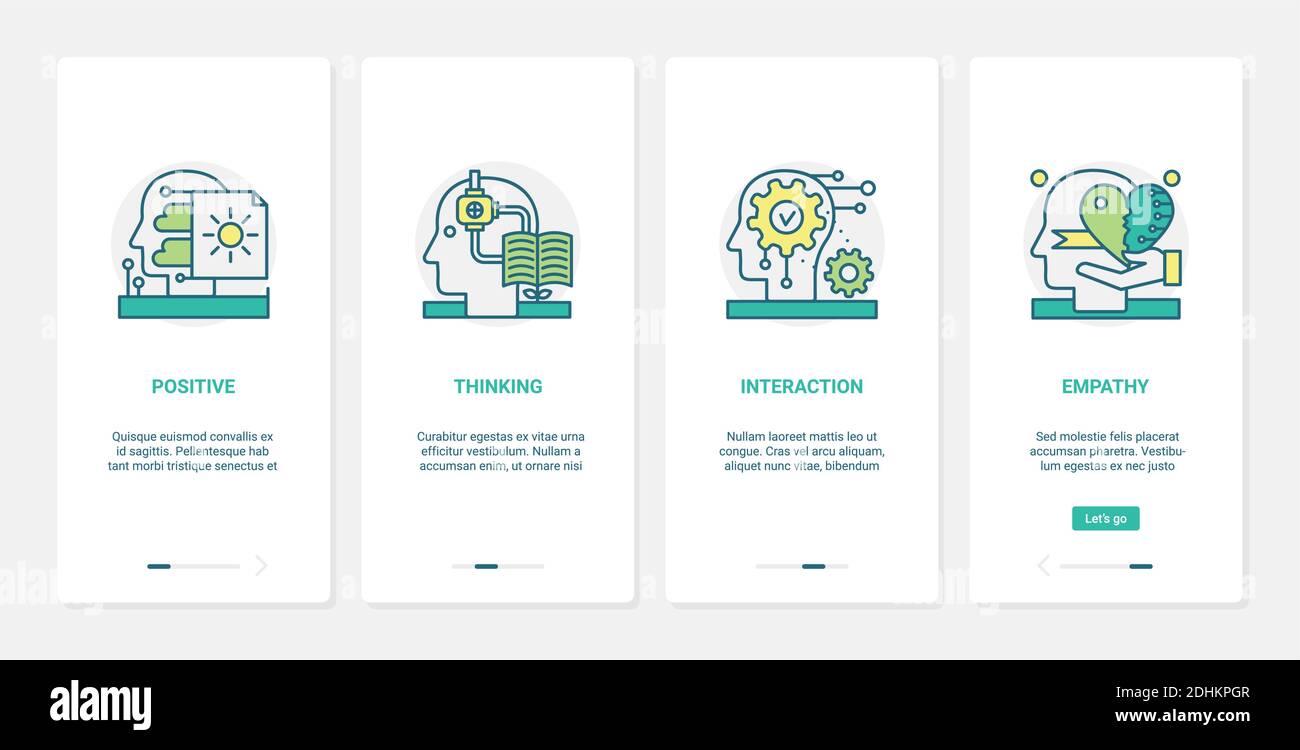 Interacción del pensamiento positivo en la ilustración vectorial de la psicología. UX, UI onboarding mobile app page screen set with line humano cerebro mental proceso psico para entender, empatía experiencia inteligencia Ilustración del Vector