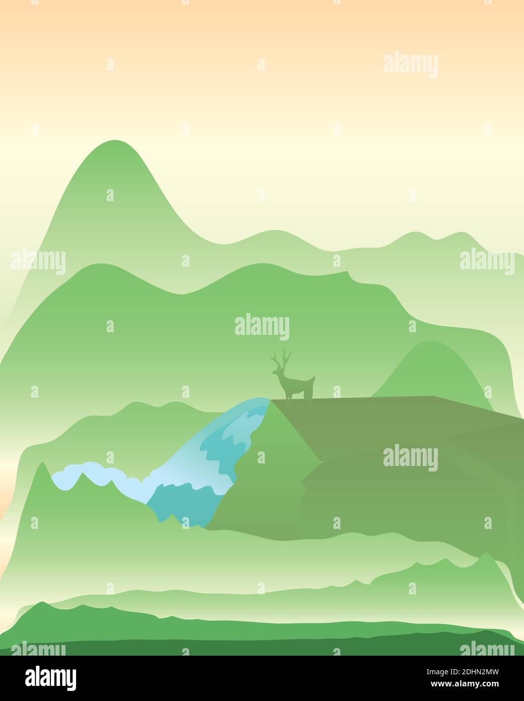 paisaje verde escena con cascada y ciervos vector de imagen de la naturaleza ilustración Ilustración del Vector