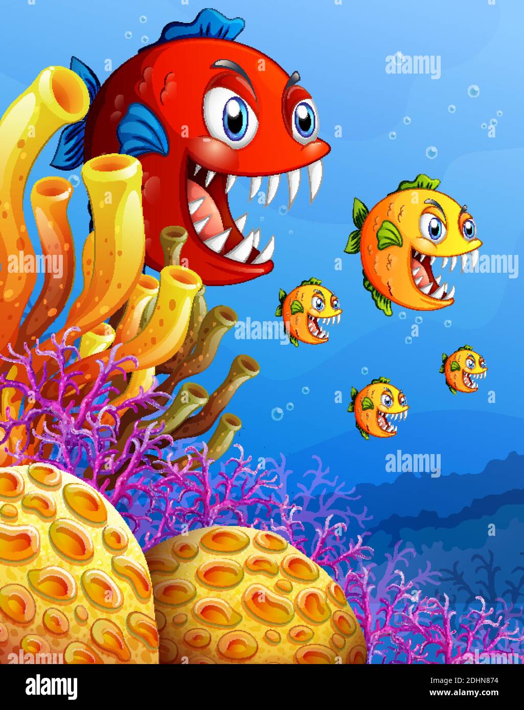 Muchos peces exóticos personaje de dibujos animados en el fondo subacuático  ilustración Imagen Vector de stock - Alamy