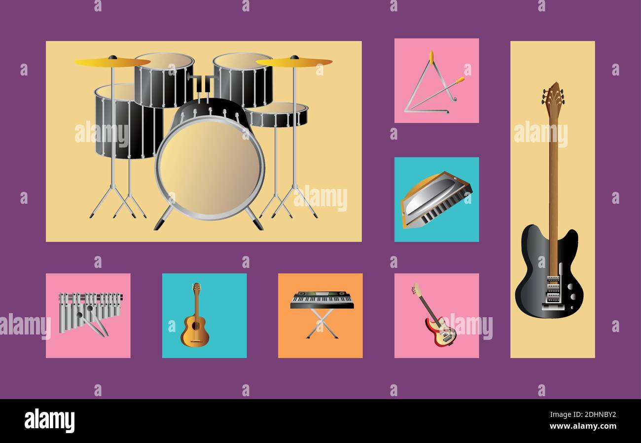 instrumentos musicales colección de música moderna y clásica iconos  ilustración vectorial detallado Imagen Vector de stock - Alamy