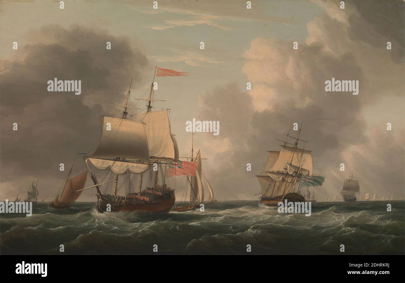 Un Inglés dos-Decker Lying Hove a, con otros buques y buques en una Fresh Breeze, Dominic Serres RA, 1722–1793, francés, activo en Gran Bretaña (desde la década de 1750), 1770, aceite en panel, apoyo (PTG): 16 x 25 pulgadas (40.6 x 63.5 cm), brisa, nubes, cortadora (velero), banderas, flota, barcos de navegación completa, hombres, mar, barco de la línea, barcos, sloops (veleros), agua, olas (eventos naturales), olas (eventos naturales), viento Foto de stock