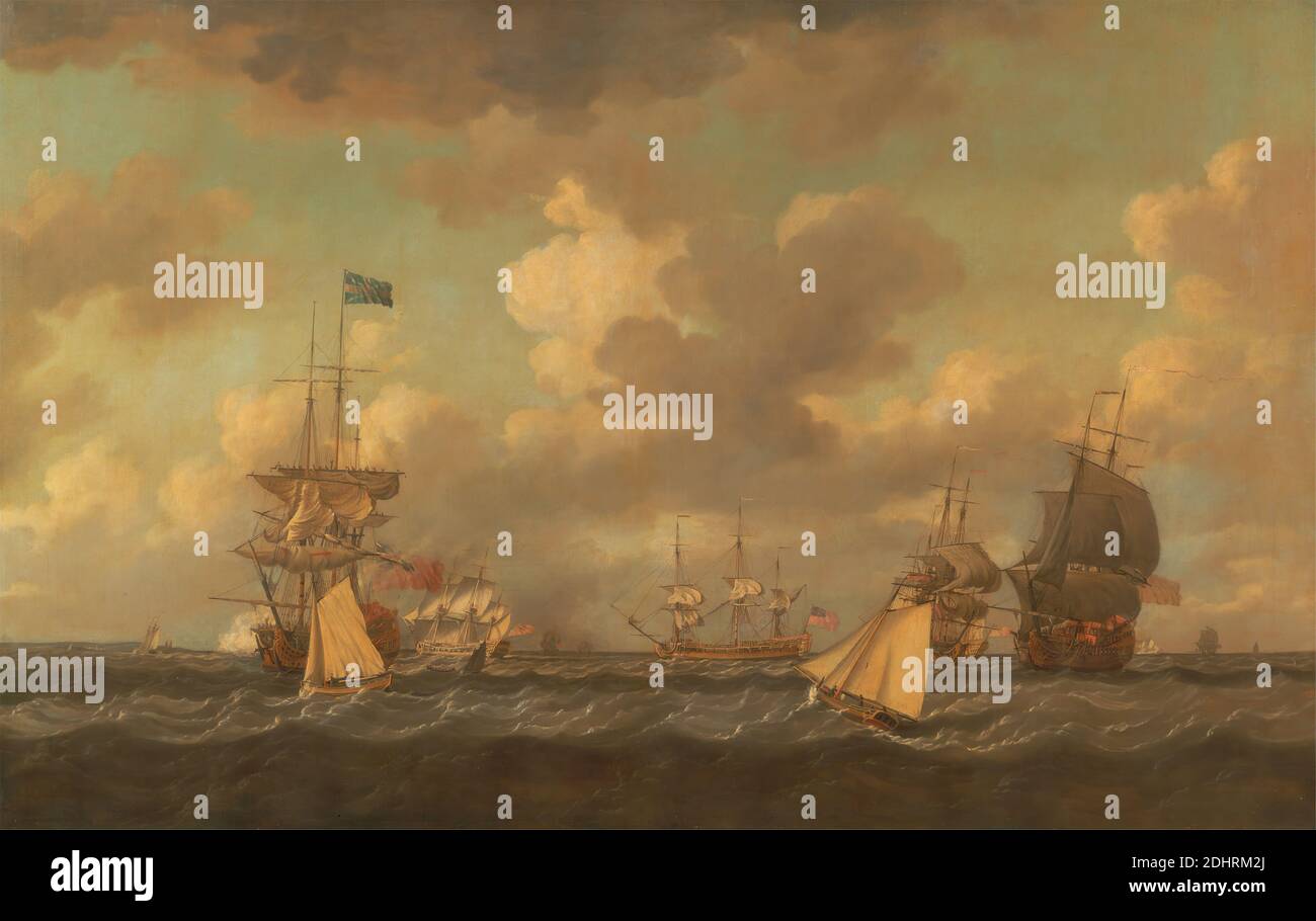Barcos ingleses llegando a anclar en una brisa fresca, Dominic Serres RA, 1722–1793, francés, activo en Gran Bretaña (desde la década de 1750), finales del siglo 18, óleo sobre lienzo, apoyo (PTG): 41 1/2 x 65 1/2 pulgadas (105.4 x 166.4 cm), ancla, brisa, cortadores (barcos de vela), banderas, flota, barcos de navegación, veleros, mar, barcos, barcos de la línea, sloops (barcos de vela), agua, viento Foto de stock