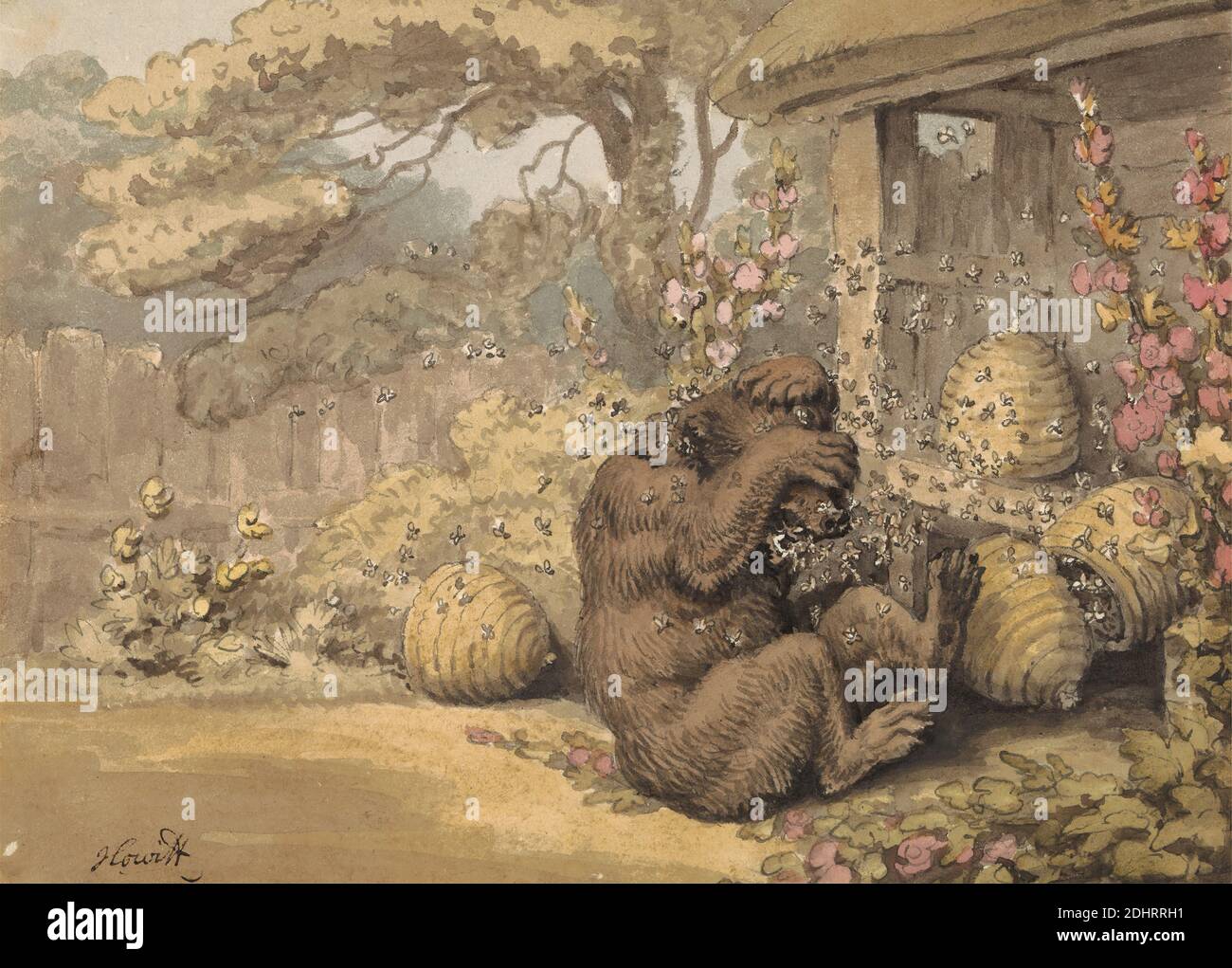 The Bear and the Bee-Hives, Samuel Howitt, 1756–1822, británico, sin fecha, acuarela, tinta negra y pluma, tinta marrón y grafito en medio, ligeramente texturizada, papel de paloma crema, Hoja: 5 1/8 × 7 1/4 pulgadas (13 × 18.4 cm), arte animal, ataque, oso, colmenas, abejas, cobertizo Foto de stock