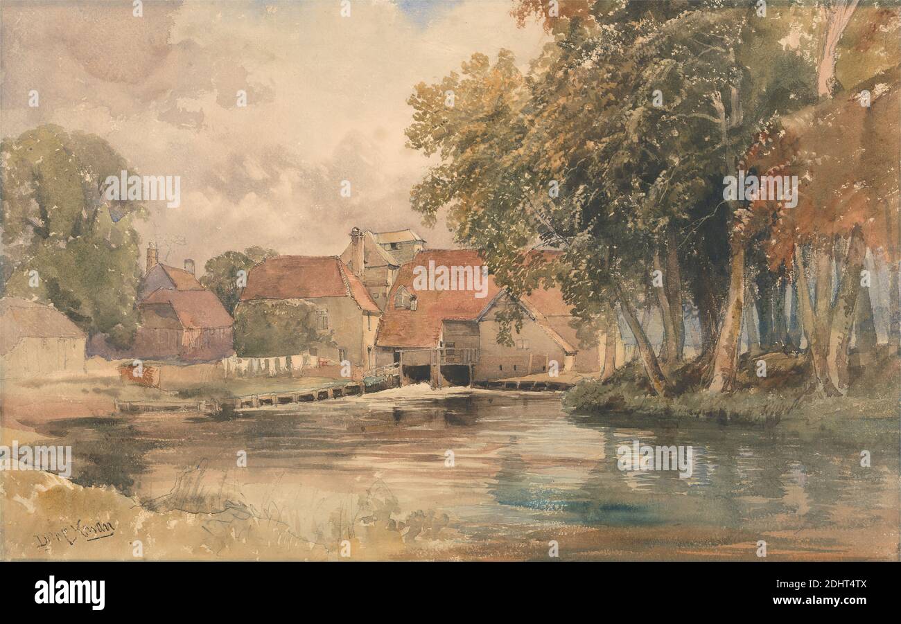 Granja en el río, David Hall McKewan, 1816–1875, británico, sin fecha, acuarela y grafito en medio, textura moderada, papel de paloma crema, Hoja: 13 1/4 × 21 1/4 pulgadas (33.7 × 54 cm Foto de stock