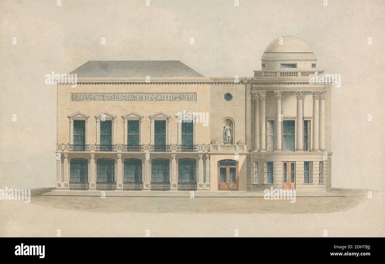 Argyll Concert Rooms, Regent Street, Londres: Elevation, George Stanley Repton, 1786–1858, británico, John Nash, 1752–1835, británico, ca. 1819, acuarela, pluma y tinta marrón, y grafito en papel mediano, ligeramente texturizado, crema de la paloma, Hoja: 8 3/4 x 14pulg. (22.2 x 35,6 cm) y Hoja: 8 3/4 × 14 pulgadas (22.2 × 35.6 cm), tema arquitectónico, edificio, columnas, concierto, salas Foto de stock