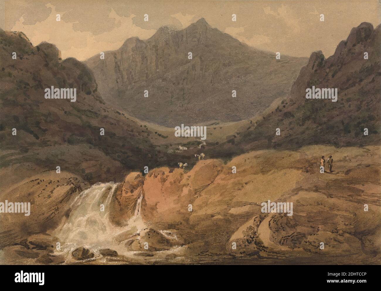 CADER Idris, Gales del Norte, Francis Nicholson, 1753–1844, británico, sin fecha, acuarela, grafito, y gouache blanco con pluma y tinta marrón en medio, ligeramente texturizada, papel de paloma crema, Hoja: 5 3/4 × 8 1/4 pulgadas (14.6 × 21 cm), barranco, paisaje, montañas, gente, río, rocas (formas terrestres), cascada, Cader Idris, Europa, Gwynedd, Merionethshire, Parque Nacional de Snowdonia, Reino Unido, Gales Foto de stock