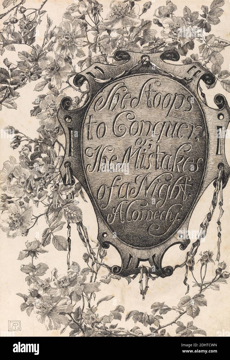 Página de título de She Stoops a Conquer, Alfred Parsons, 1847–1920, británico, 1884, pluma y tinta negra en medio, ligeramente texturizada, papel de color crema, Hoja: 11 7/8 x 8 3/4pulg. (30.2 x 22,2 cm) y Hoja: 11 7/8 × 8 5/8 pulgadas (30.2 × 21.9 cm), tema arquitectónico Foto de stock