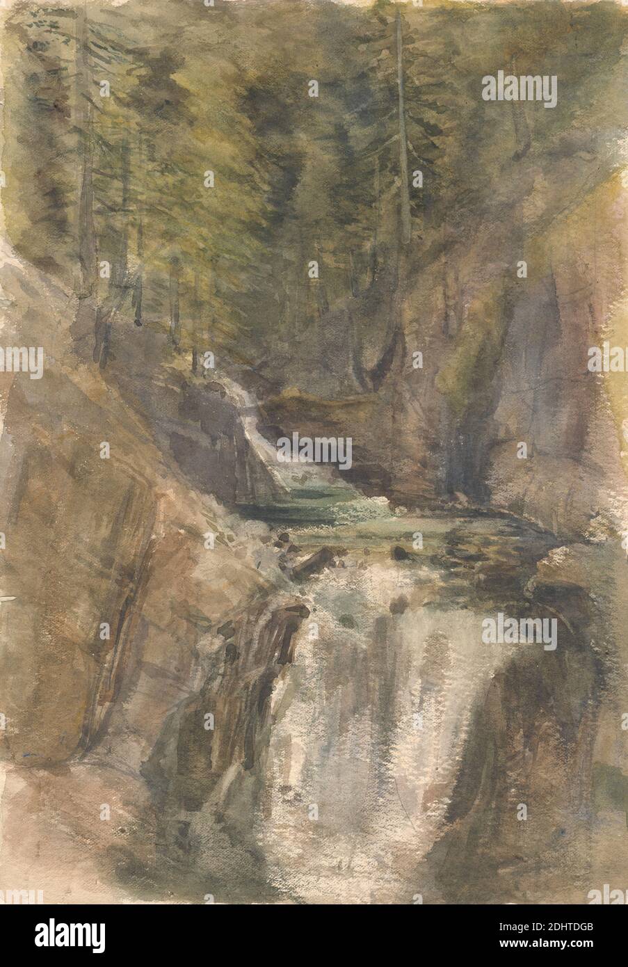 Waterfall and Forest, artista desconocido, siglo XIX, sin fecha, acuarela y grafito sobre papel grueso, moderadamente texturizado, crema de move, Hoja: 10 × 7 pulgadas (25.4 × 17.8 cm), bosque, paisaje, cascada Foto de stock