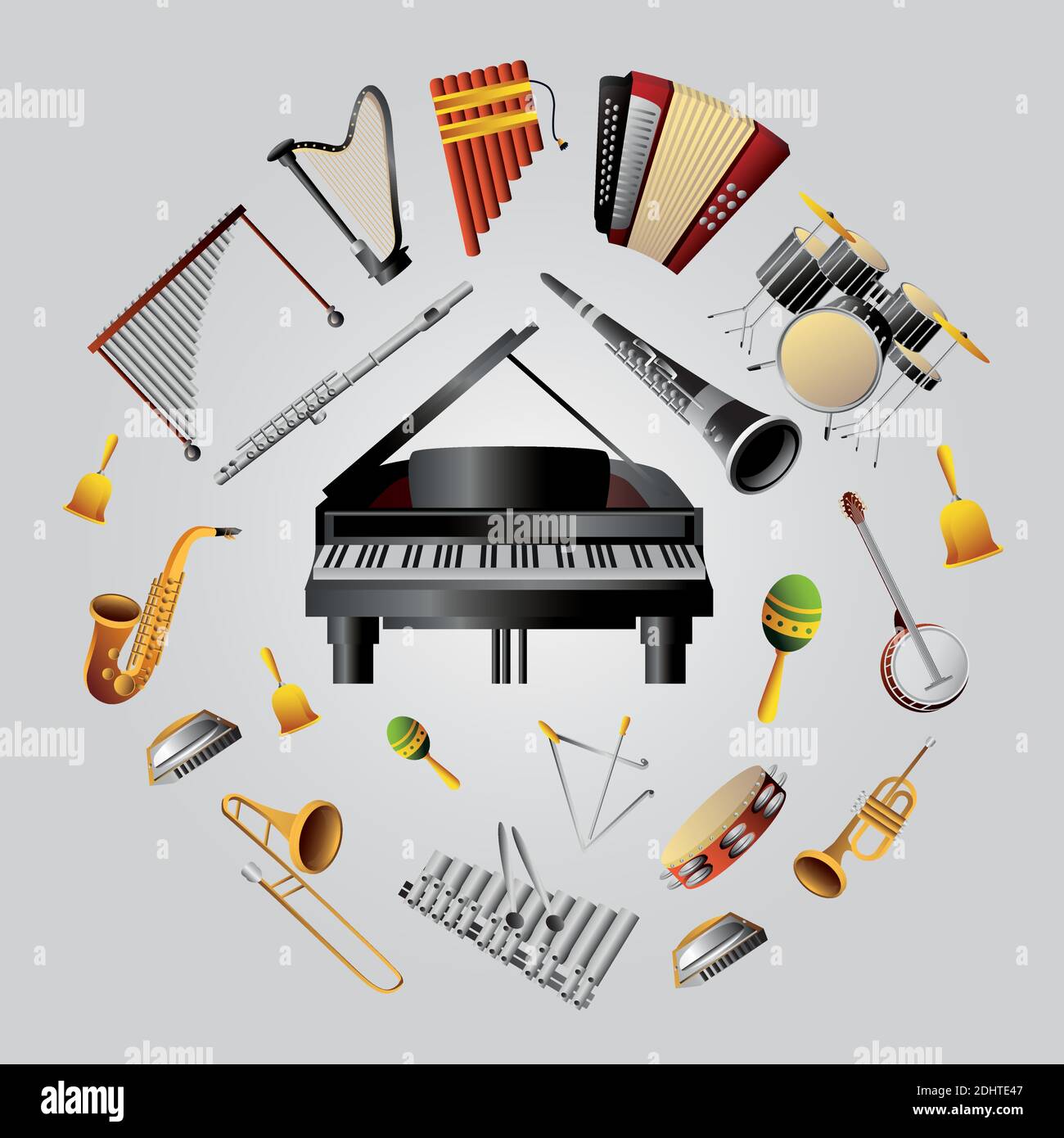 instrumentos musicales conjunto de viento, percusión y teclado vector  ilustración detallada Imagen Vector de stock - Alamy